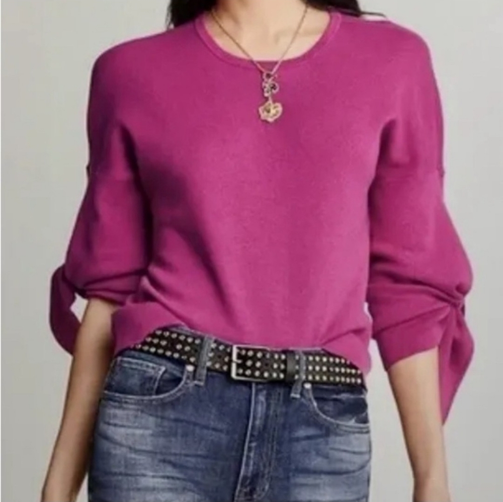 Cabi Tether Pullover Orchid Fuchsia Pink Knit Tie Flare Sweater Women’s XL